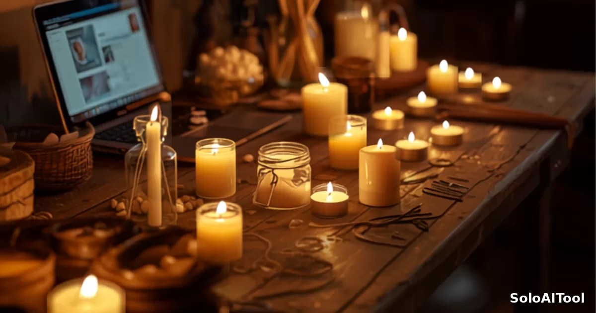 A cozy candle-making studio workspace at dusk with a laptop showing a chat window, suggesting an automated self-serve help center for a solo course business