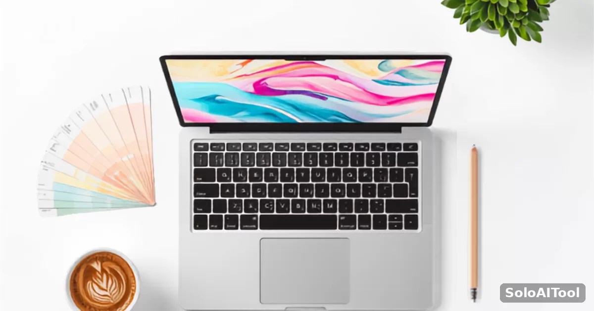 Overhead flat-lay of a laptop showing a colorful website layout with color swatches, coffee and a plant on a white desk