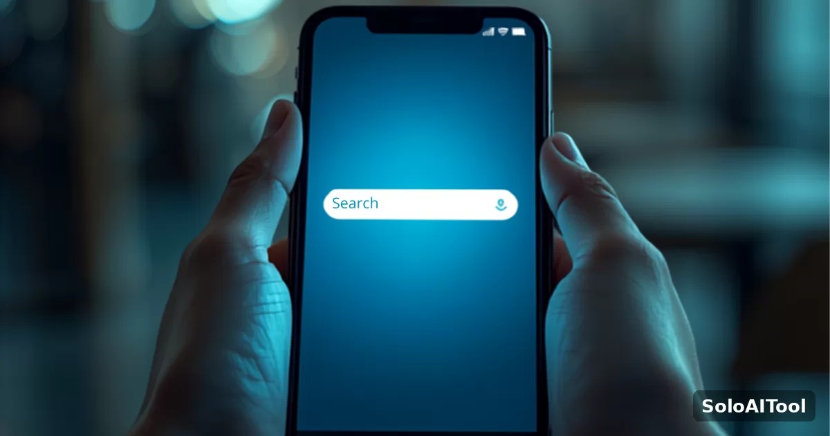 Close-up of hands holding a smartphone showing a search bar, in a softly lit cafe with warm bokeh