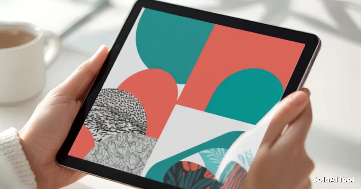 Close-up of hands holding a tablet that displays a colorful slide presentation on a bright, tidy white desk.