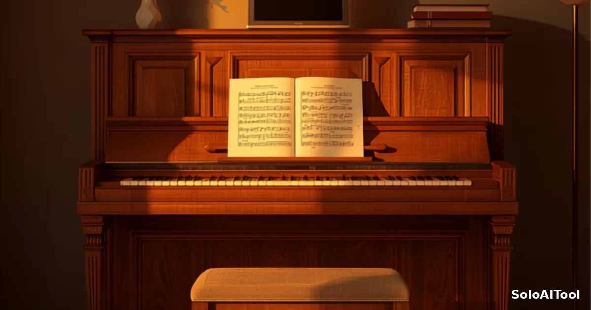 A cozy home music room in the evening with an upright piano, sheet music, and a small laptop under warm lamplight.