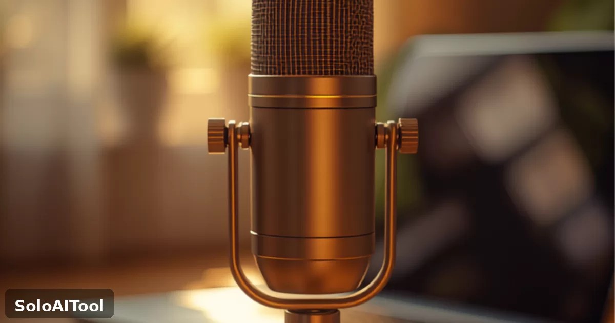 A warm golden hour photo of a professional podcast microphone on a wooden desk beside a laptop