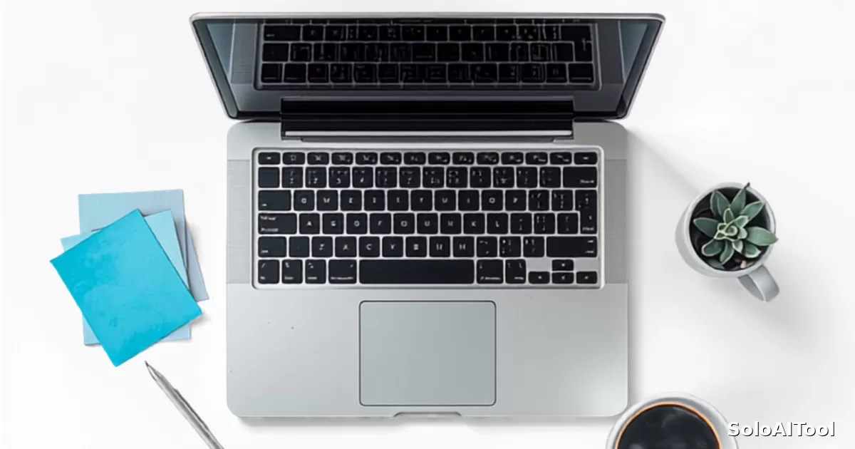 An overhead flat lay of a laptop, a coffee cup, sticky notes and a pen on a bright desk, suggesting a workspace for building ideas