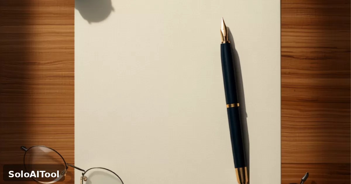 An overhead flat lay of a fountain pen resting on a blank document with glasses and brass stamps on a wooden desk