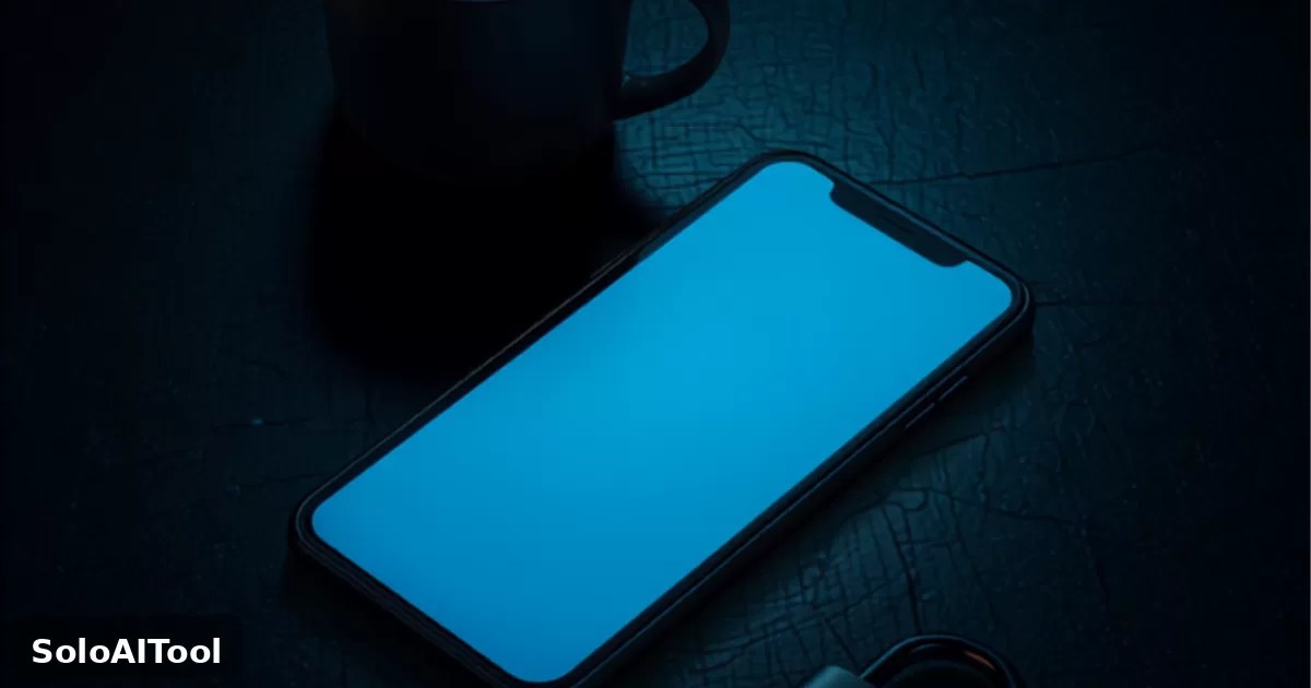 A smartphone glowing with a blue screen on a dark desk at night beside a coffee mug and a padlock