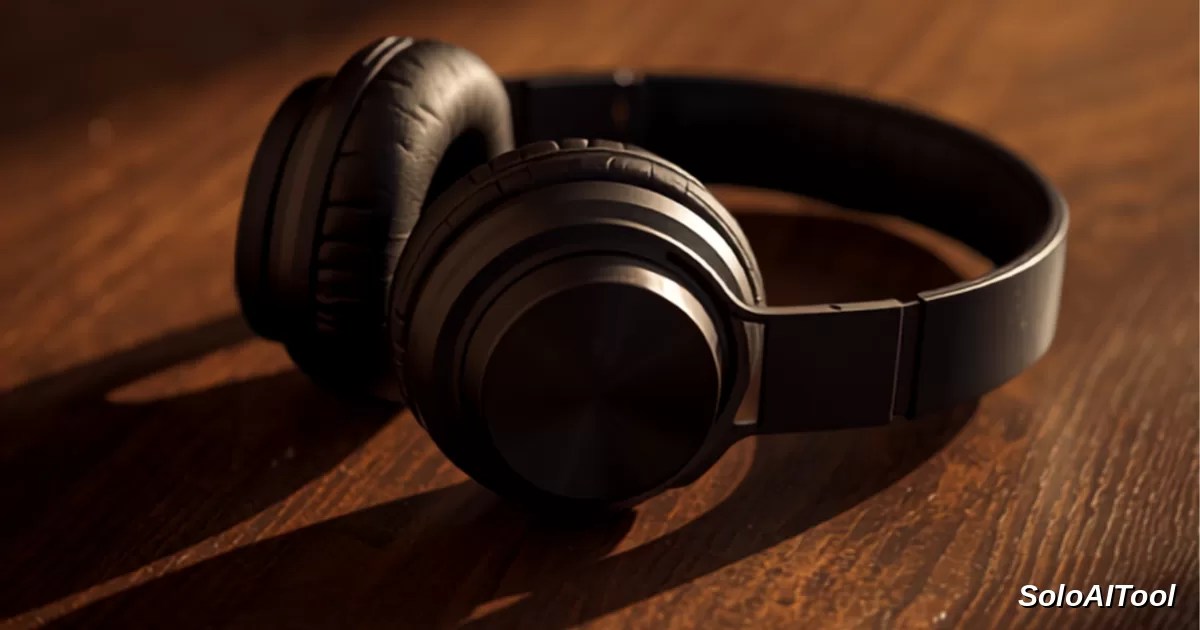 Professional podcast microphone and over-ear headphones on a warm wooden studio desk