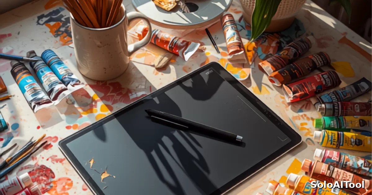 A bright colorful photograph of a designer's studio desk with a graphics tablet, brushes and paint tubes