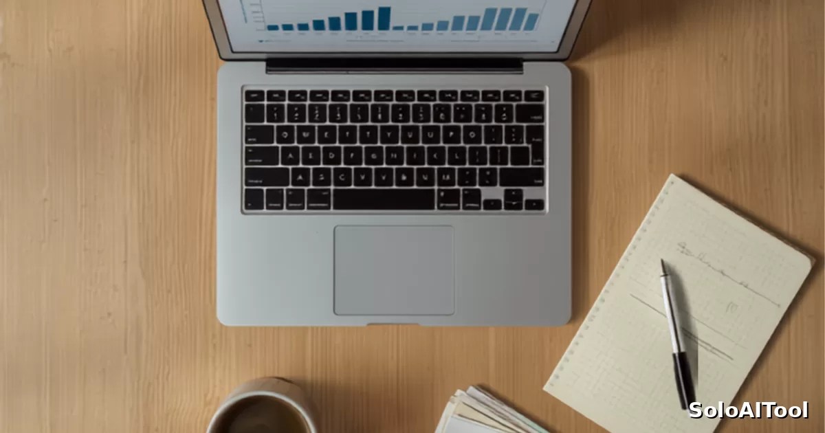 An overhead flat lay of a laptop showing a chart on a wooden desk with a notebook and coffee