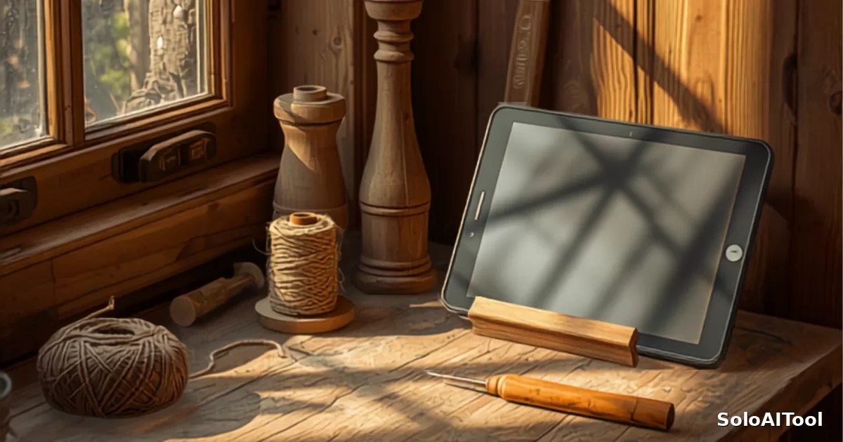 A cozy artisan workshop bench near a sunny window with handcraft tools, twine and a propped up tablet