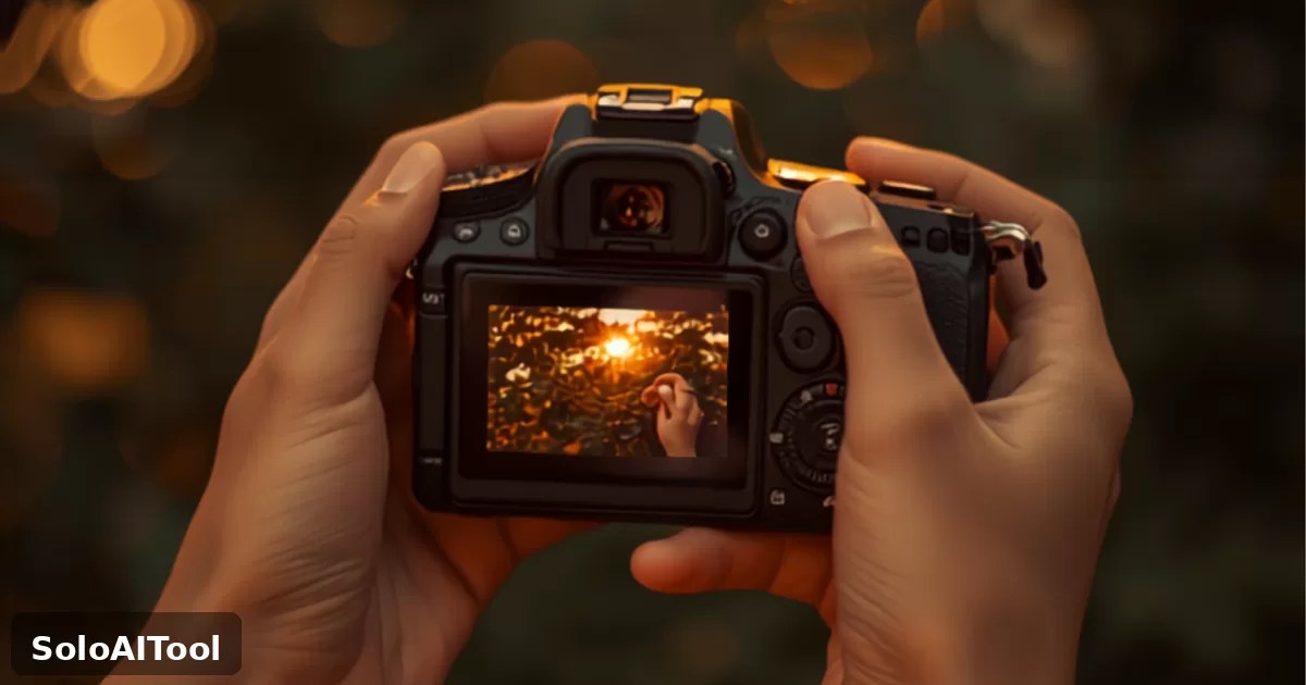 Hands holding a DSLR camera at golden hour with green foliage blurred in the background