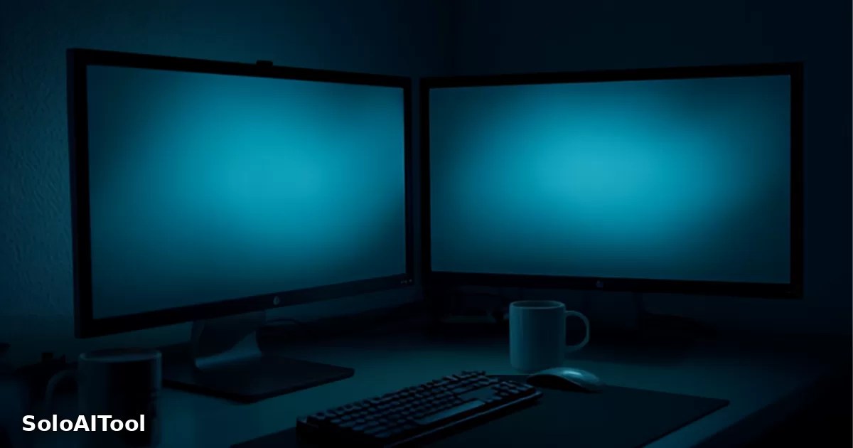 Two computer monitors glowing softly in a dark modern home office at dusk