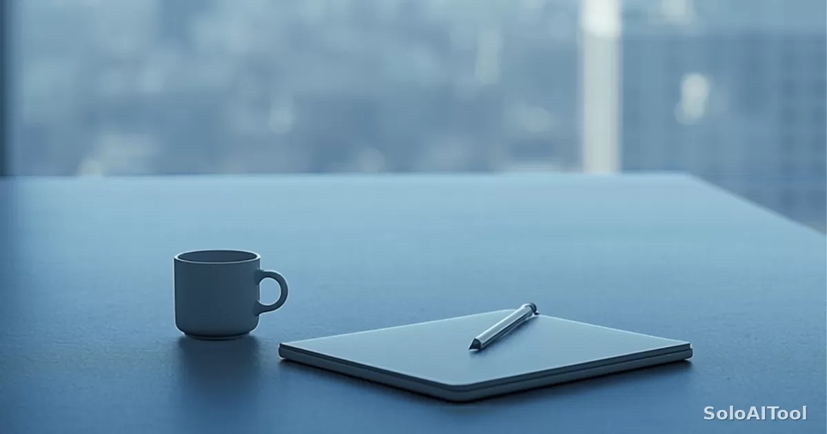A minimalist desk with a laptop beside a large window overlooking a blurred city skyline in cool morning light