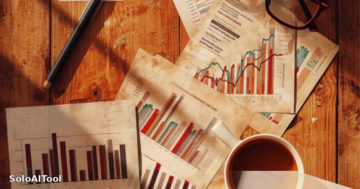 Overhead flat-lay of colorful printed bar charts and graphs on a wooden desk