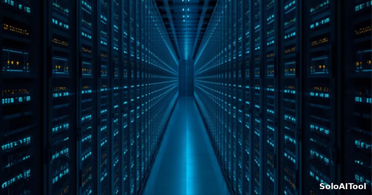 A long aisle of server racks glowing with blue lights inside a modern data center