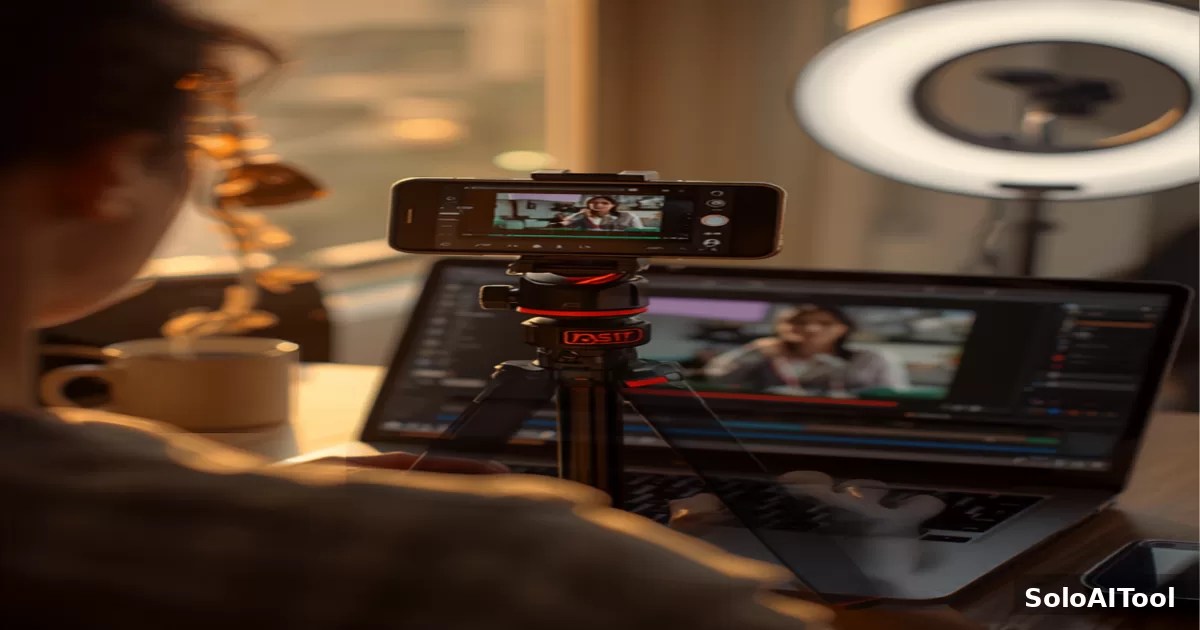 A smartphone on a small tripod filming someone editing a short video clip on a laptop in a warm home creator studio