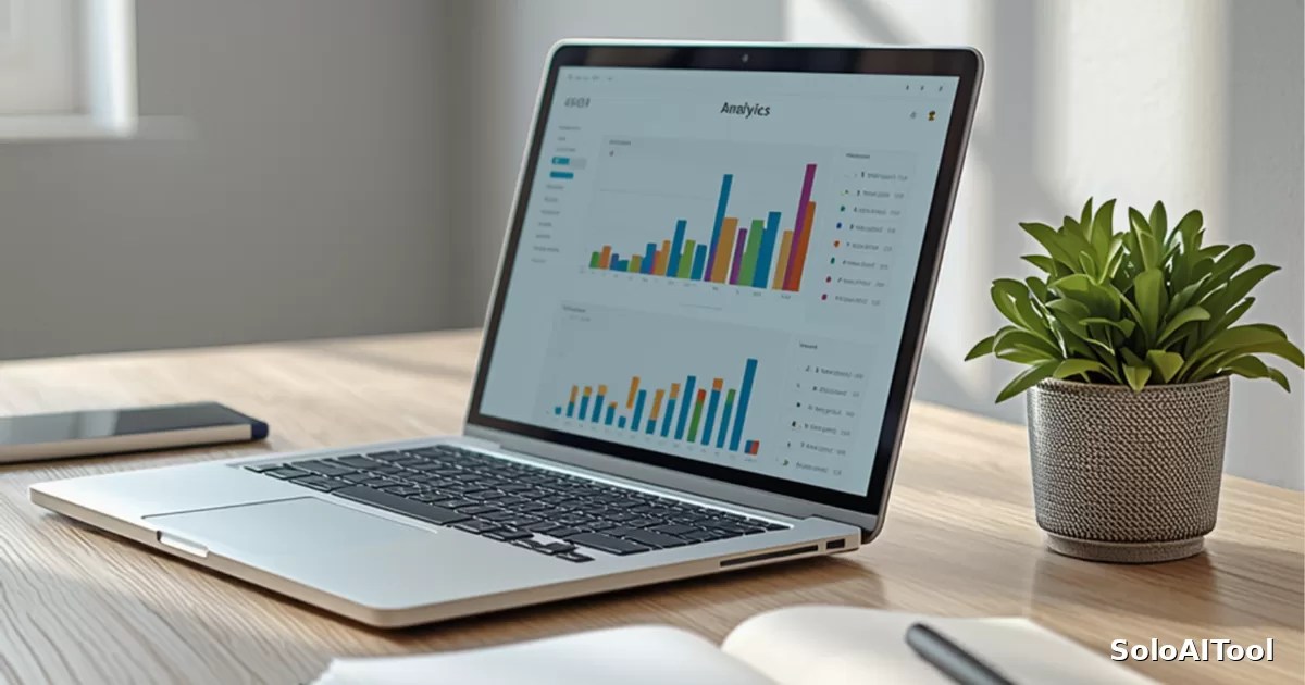 An open laptop showing a colorful analytics dashboard on a wooden home office desk next to a small potted plant and a notebook.