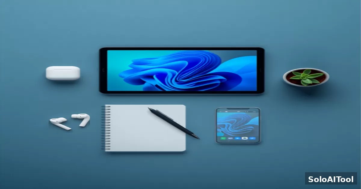 An overhead flat-lay of a slate-blue desk with a tablet and phone showing colorful app dashboards, a notebook, and a small plant