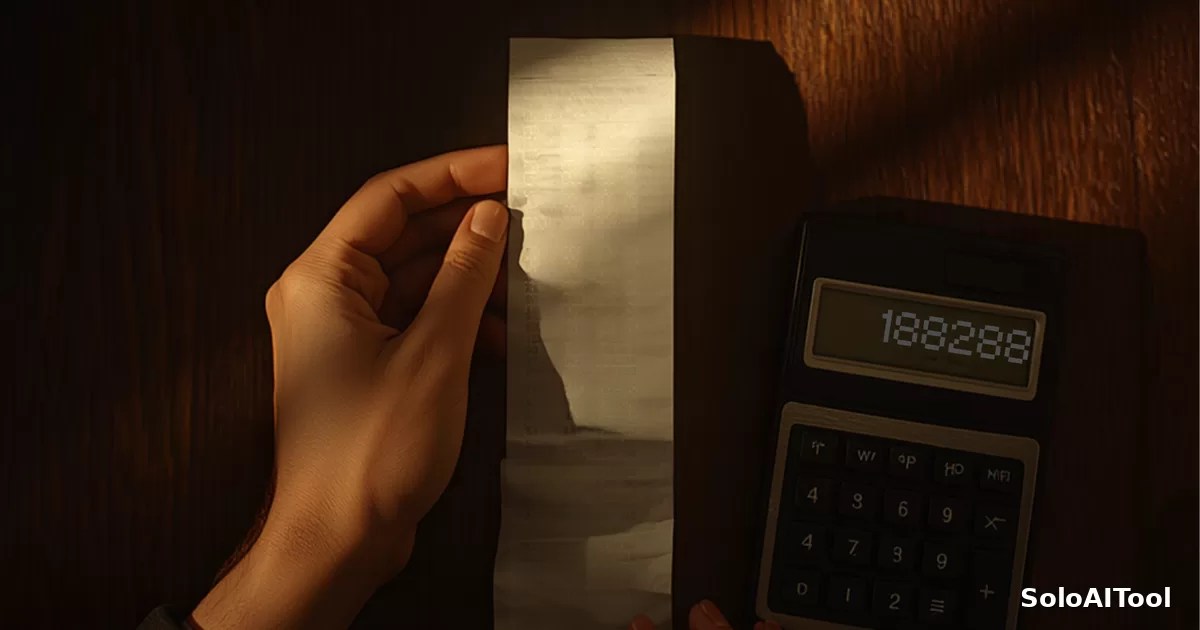 Close-up of a hand holding a paper receipt beside a desktop calculator on a dark wooden table in warm low light.