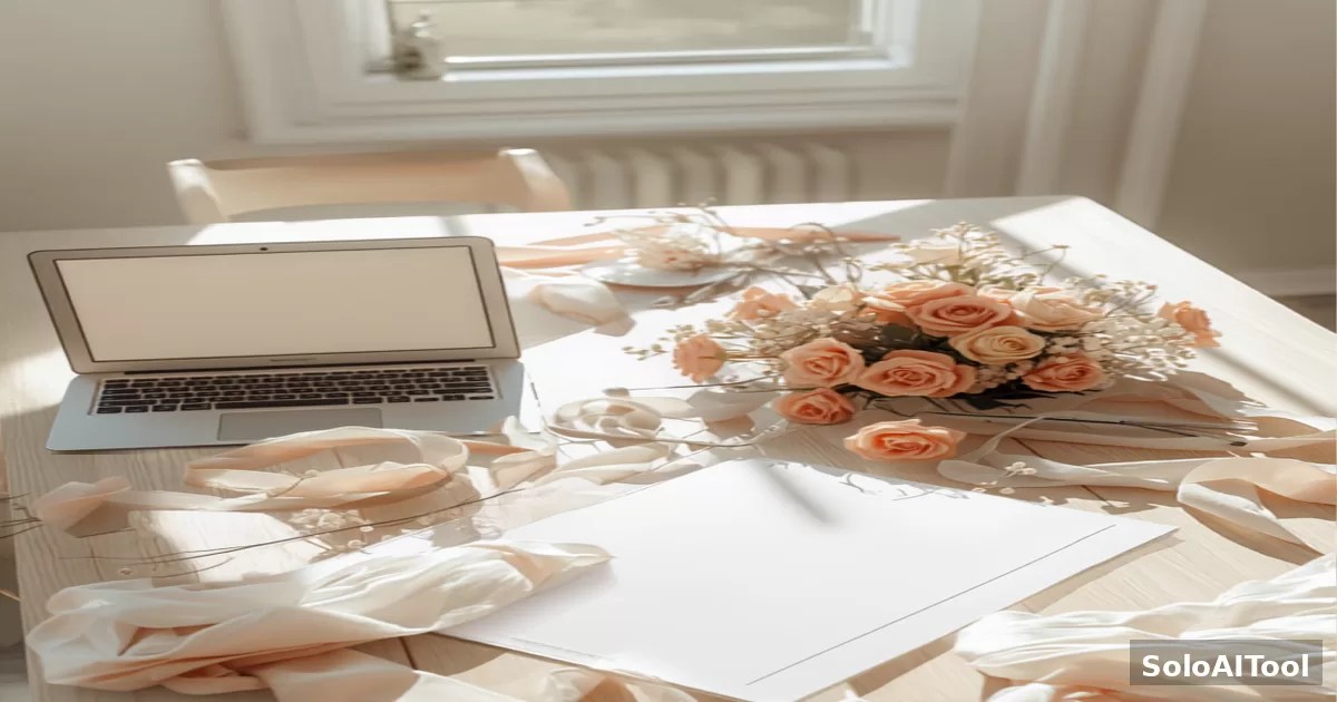 A bright airy window workspace with a laptop, floral centerpiece samples, ribbon and fabric swatches, and a printed seating plan