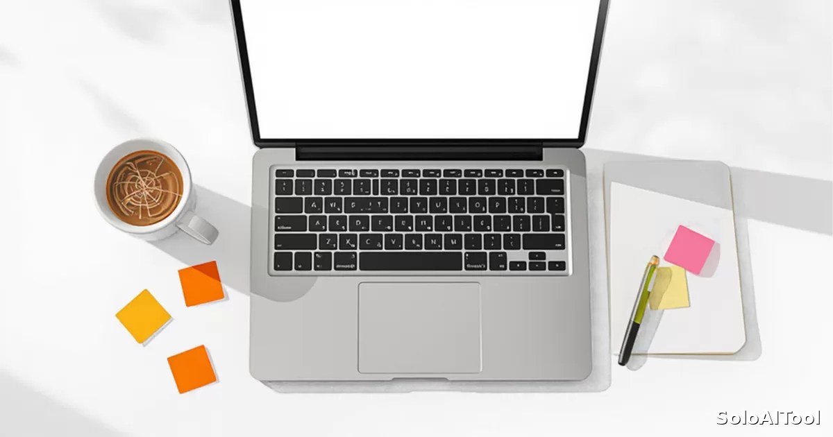 Overhead view of a laptop, a coffee cup, and sticky notes on a bright white desk