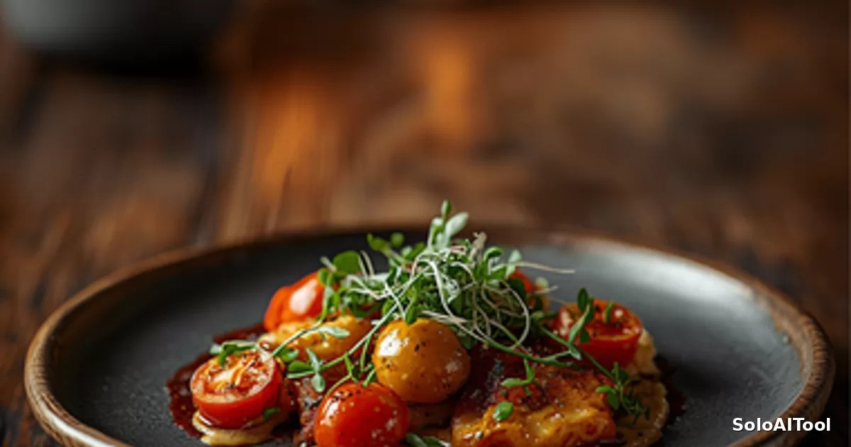 An elegantly plated gourmet dish on a rustic wooden table with warm candlelight