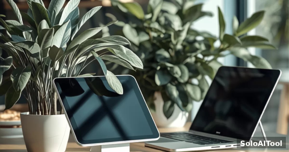 A tablet and laptop on a small shop counter beside a bright window with a leafy plant