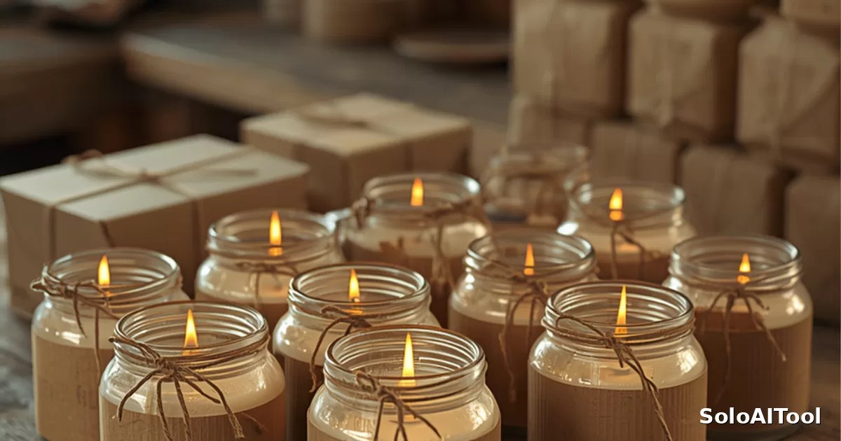 A cozy workshop table with handmade candles in glass jars, kraft paper, and shipping boxes