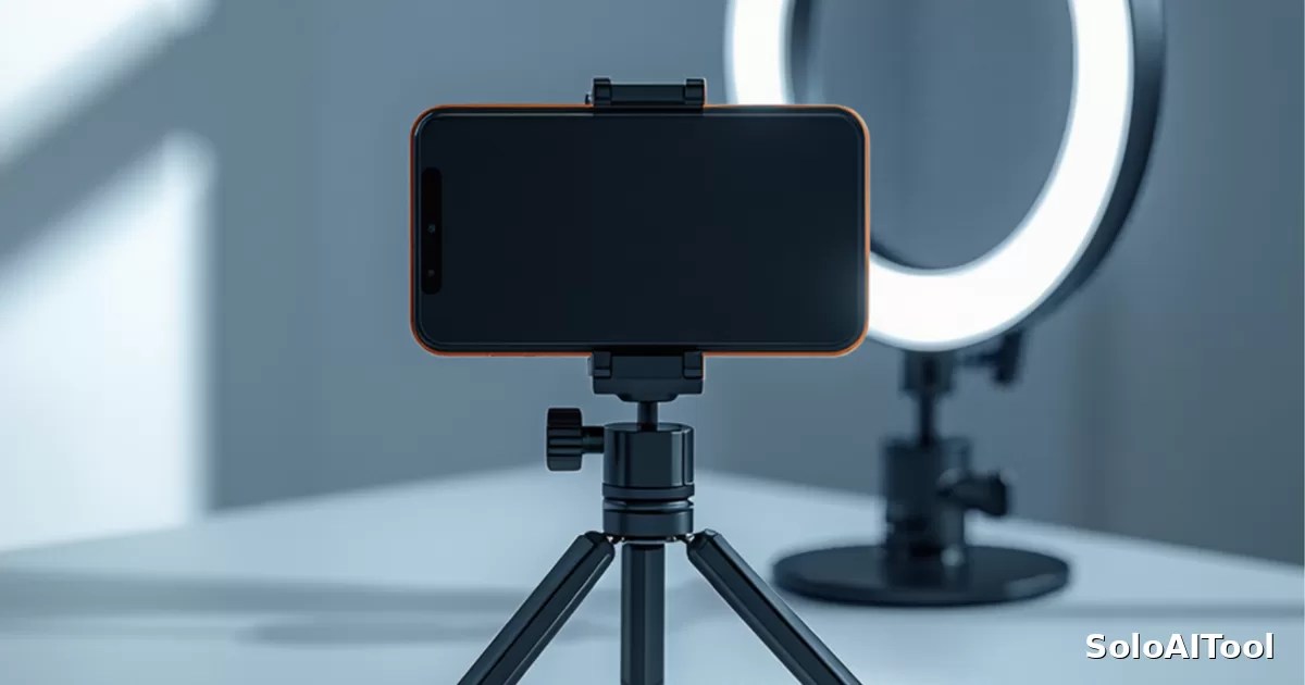 A smartphone mounted on a small tripod beside a glowing ring light on a desk in a bright home office