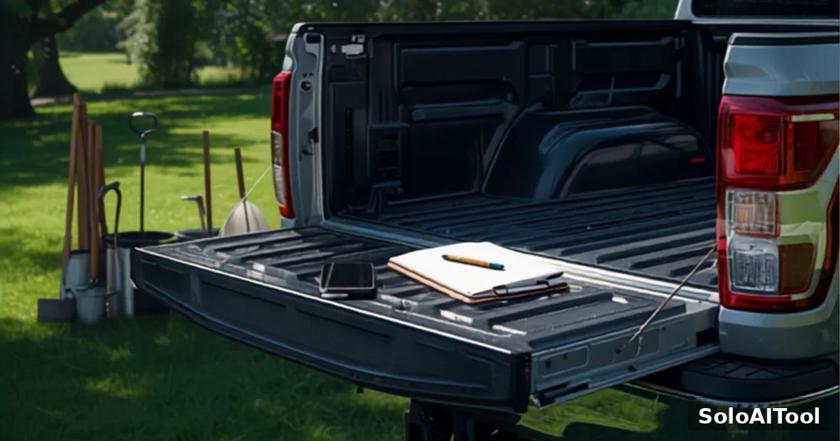 An open pickup truck tailgate with a clipboard and phone on a sunny green lawn with garden tools