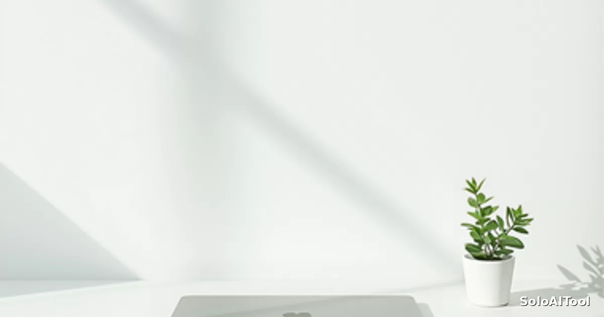 A closed laptop and a small green plant on a bright minimalist white desk in sunlight