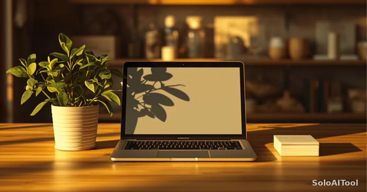 A sunlit small-shop counter with an open laptop, a potted plant, and blurred shelves in warm light