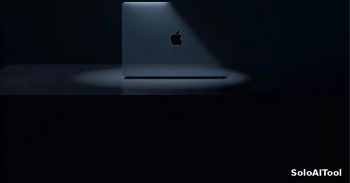A single glowing laptop on a dark desk in a dim quiet office