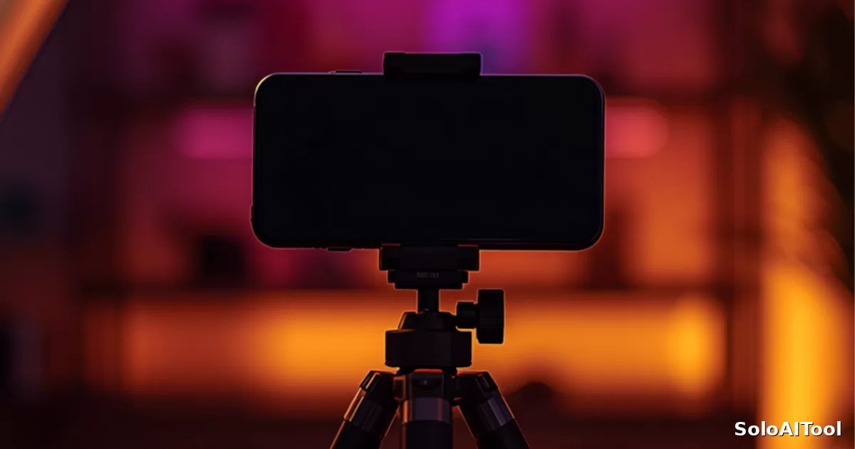 A smartphone on a tripod recording video in a home studio lit with purple and orange lights