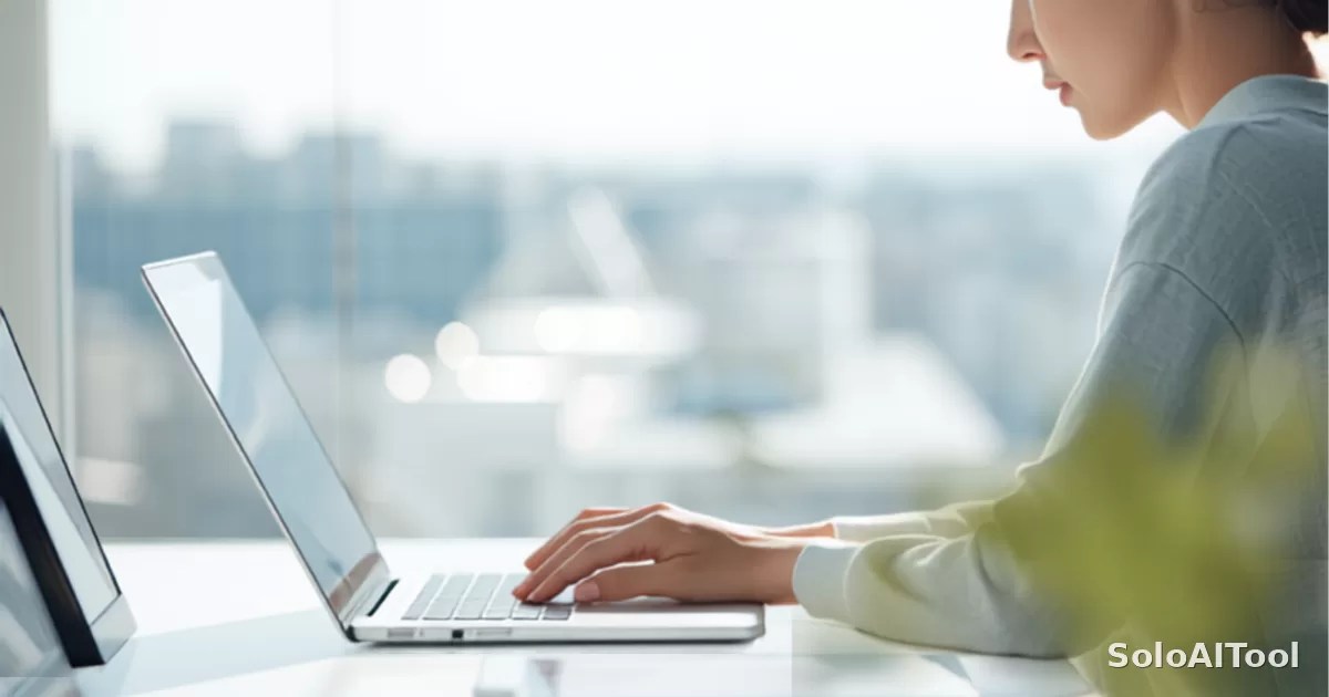 A person working on a laptop at a sunlit desk beside a large window in cool daylight tones