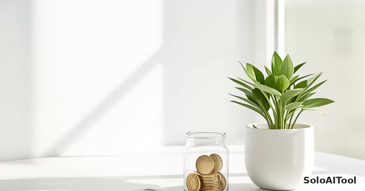A bright desk beside a sunny window with a jar of coins, a calculator, and a small green plant
