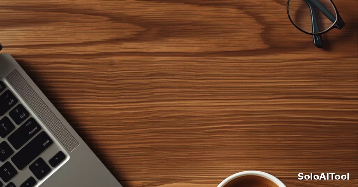 Overhead view of a walnut wooden desk with a laptop, reading glasses, and a cup of coffee