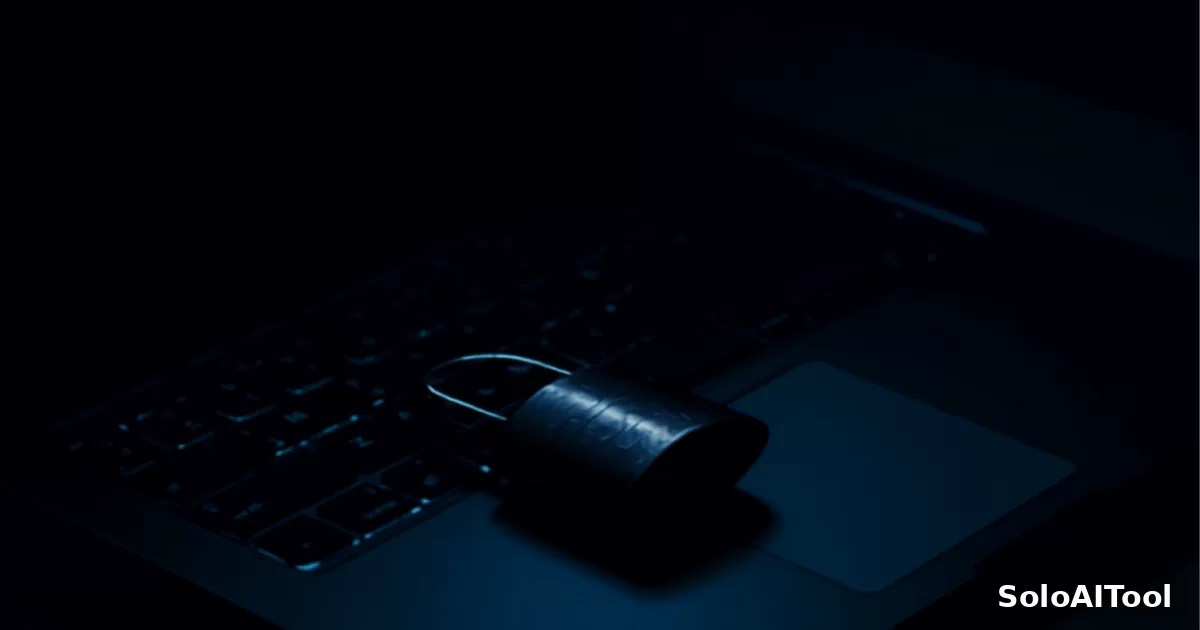 A dark desk lit low with a softly glowing laptop and a metal padlock resting on the keyboard, in deep blue tones.