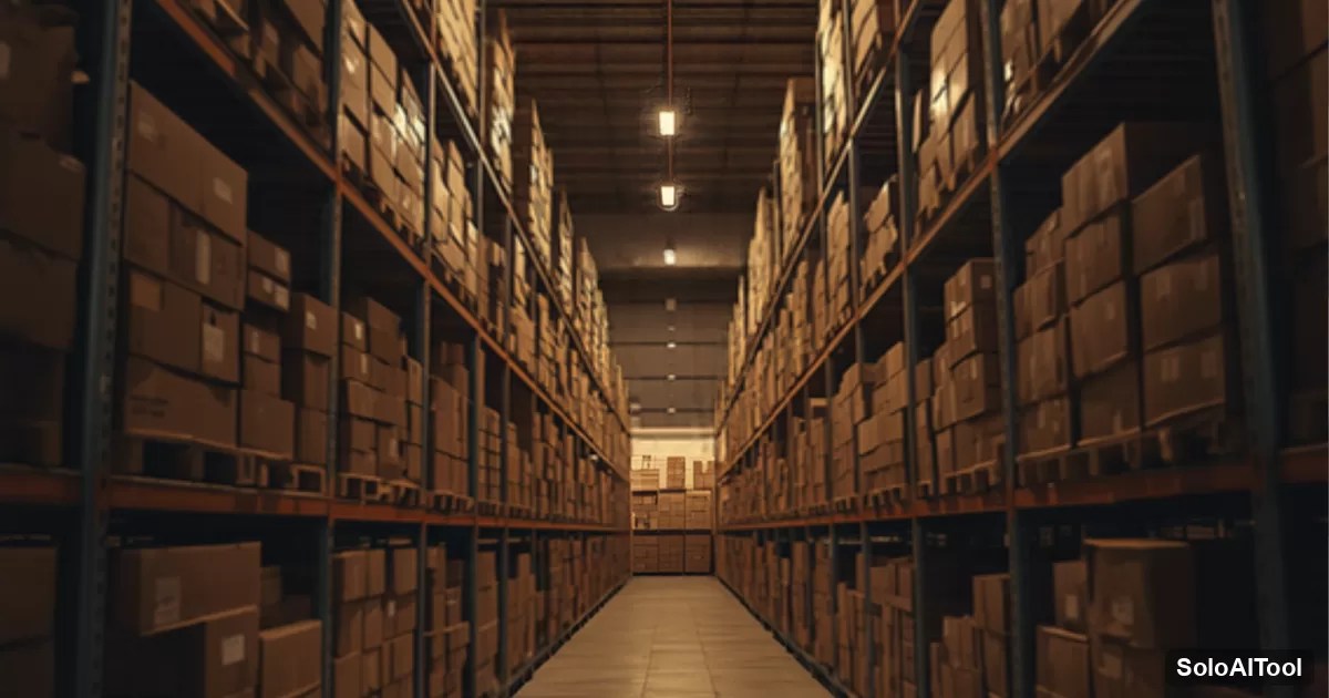 Long warehouse aisle lined with shelves of cardboard shipping boxes under warm amber lights at dusk