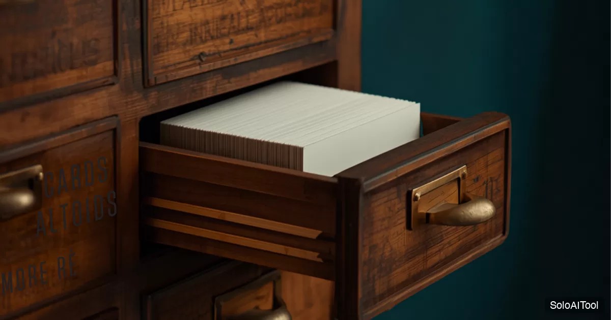 Vintage wooden card catalog with one drawer pulled open showing blank index cards