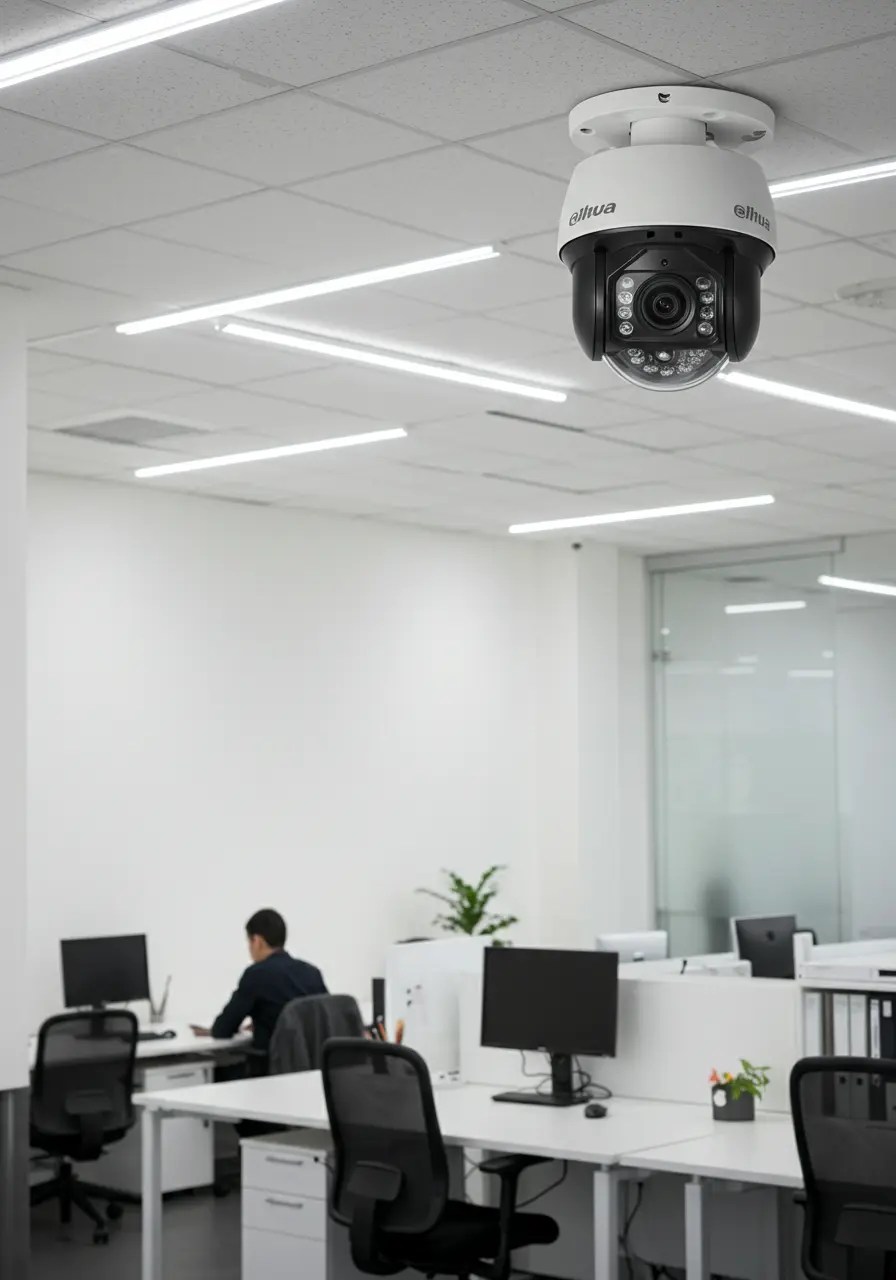 A white-colored Dahua CCTV camera installed on the ceiling