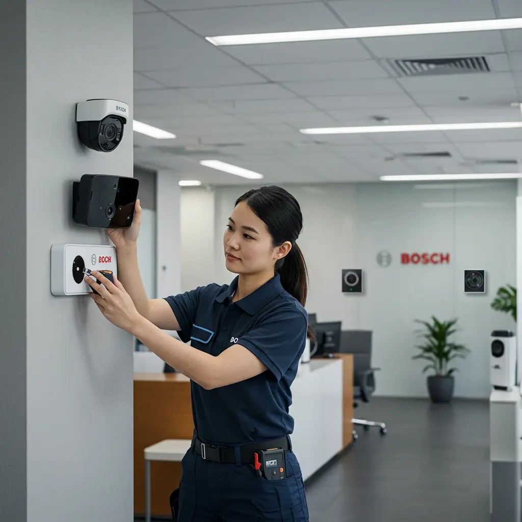 Lady working on Bosch CCTV camera mounted on the wall