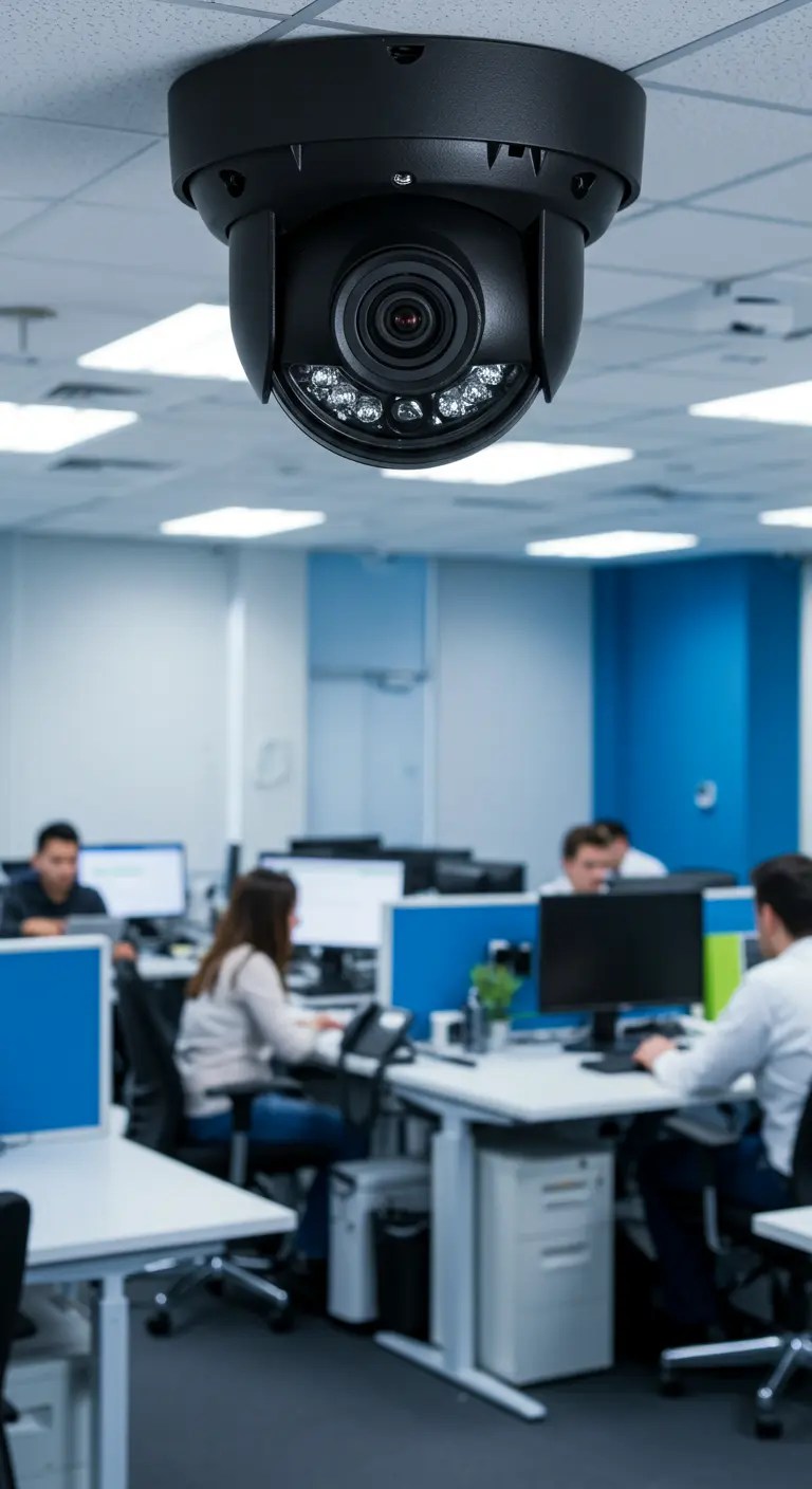 black-colored CCTV camera installed on false ceiling