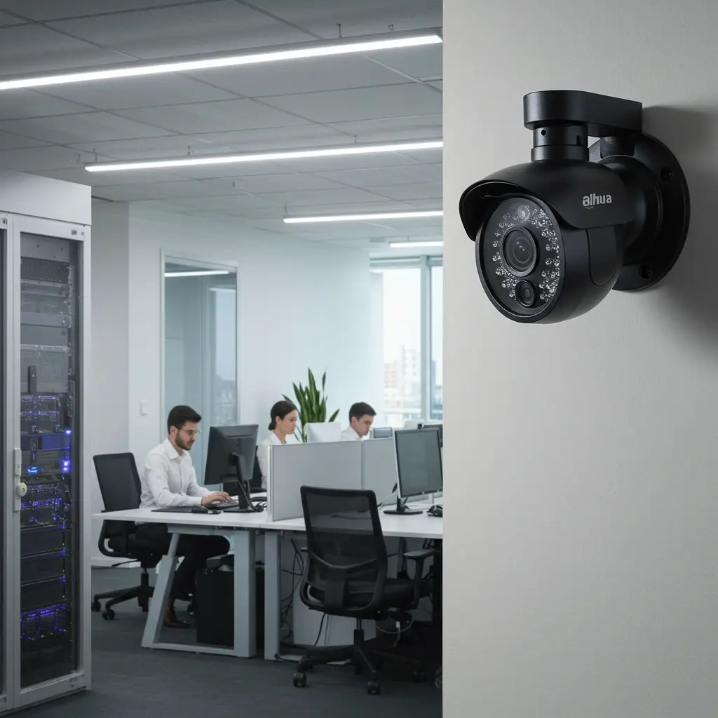 A black-colored CCTV camera in office