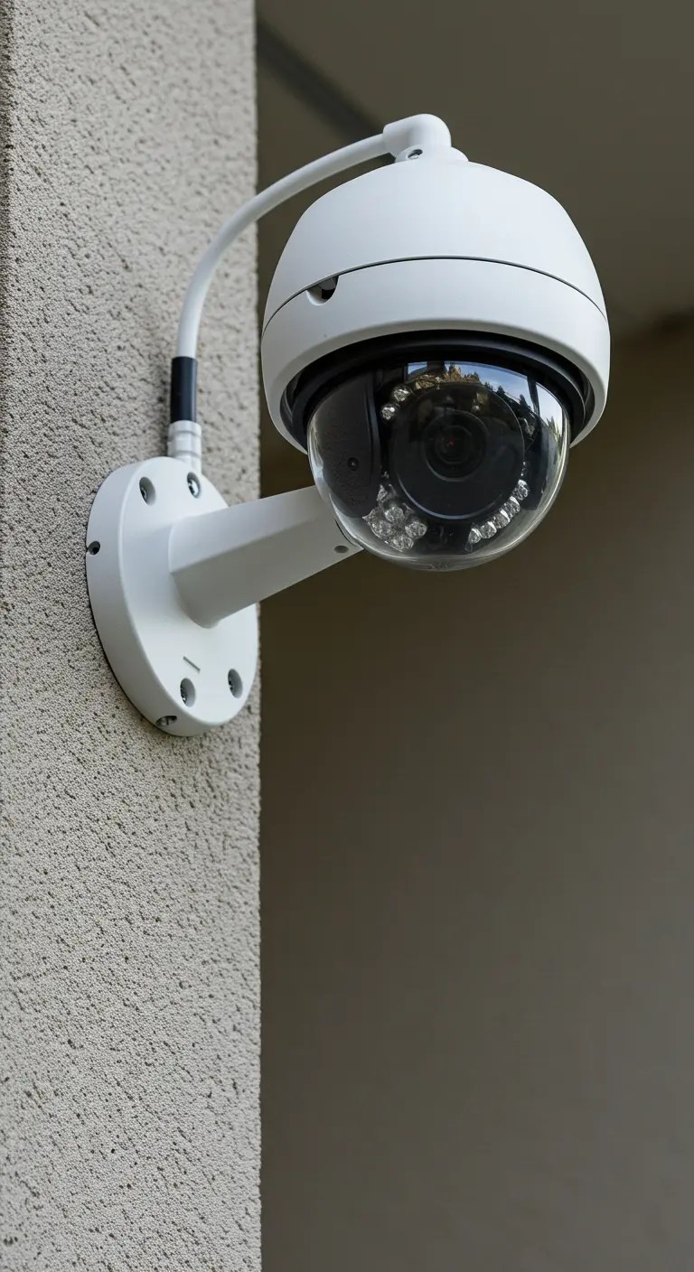 White-colored CCTV camera mounted on wall