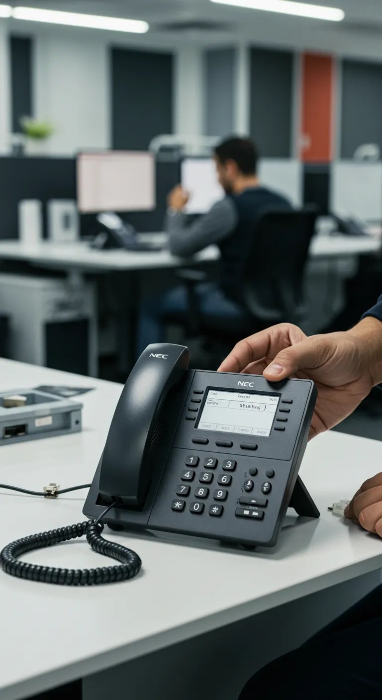 Black-colored phone on the table and one person sitting in the chair
