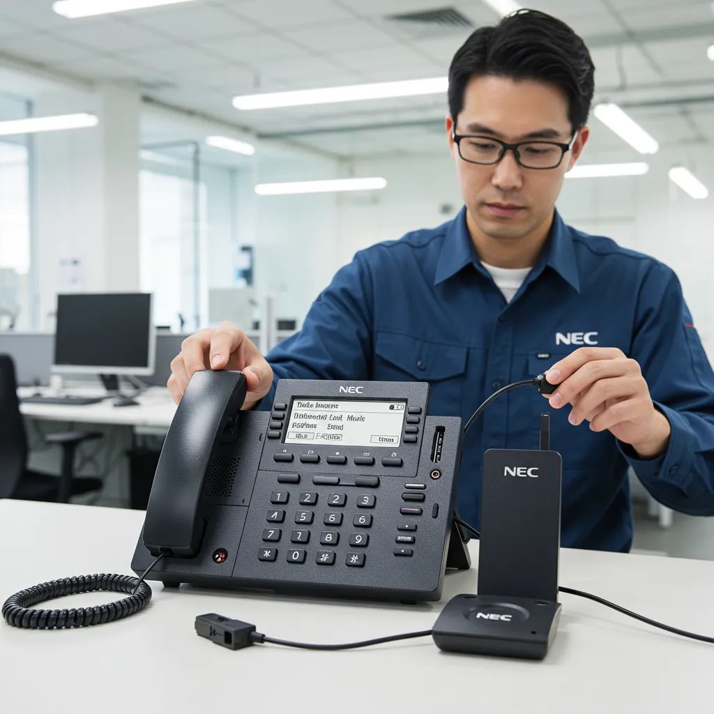 The engineer is working on NEC IP DECT phone
