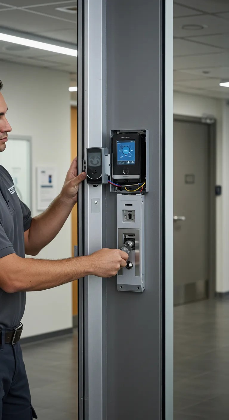 The technician is working on the access control system