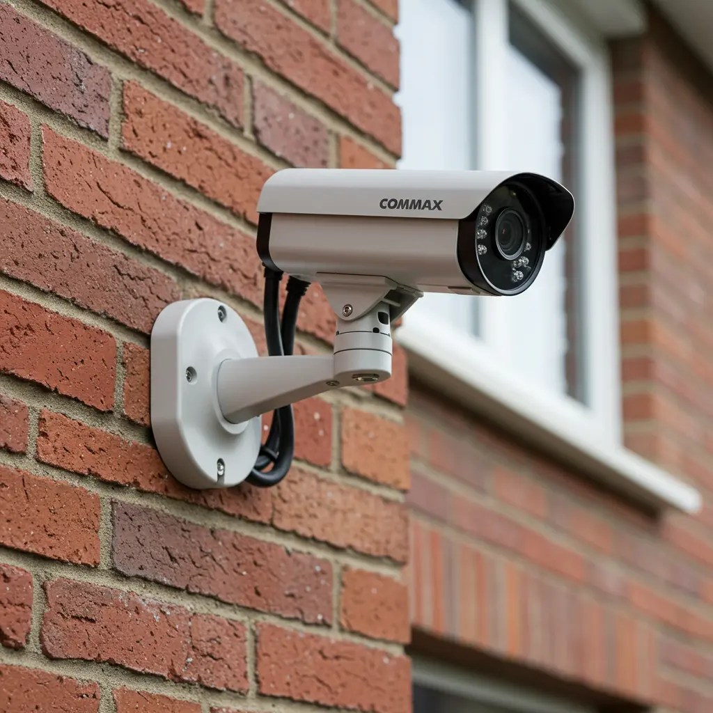 A White-colored CCTV camera installed on wall