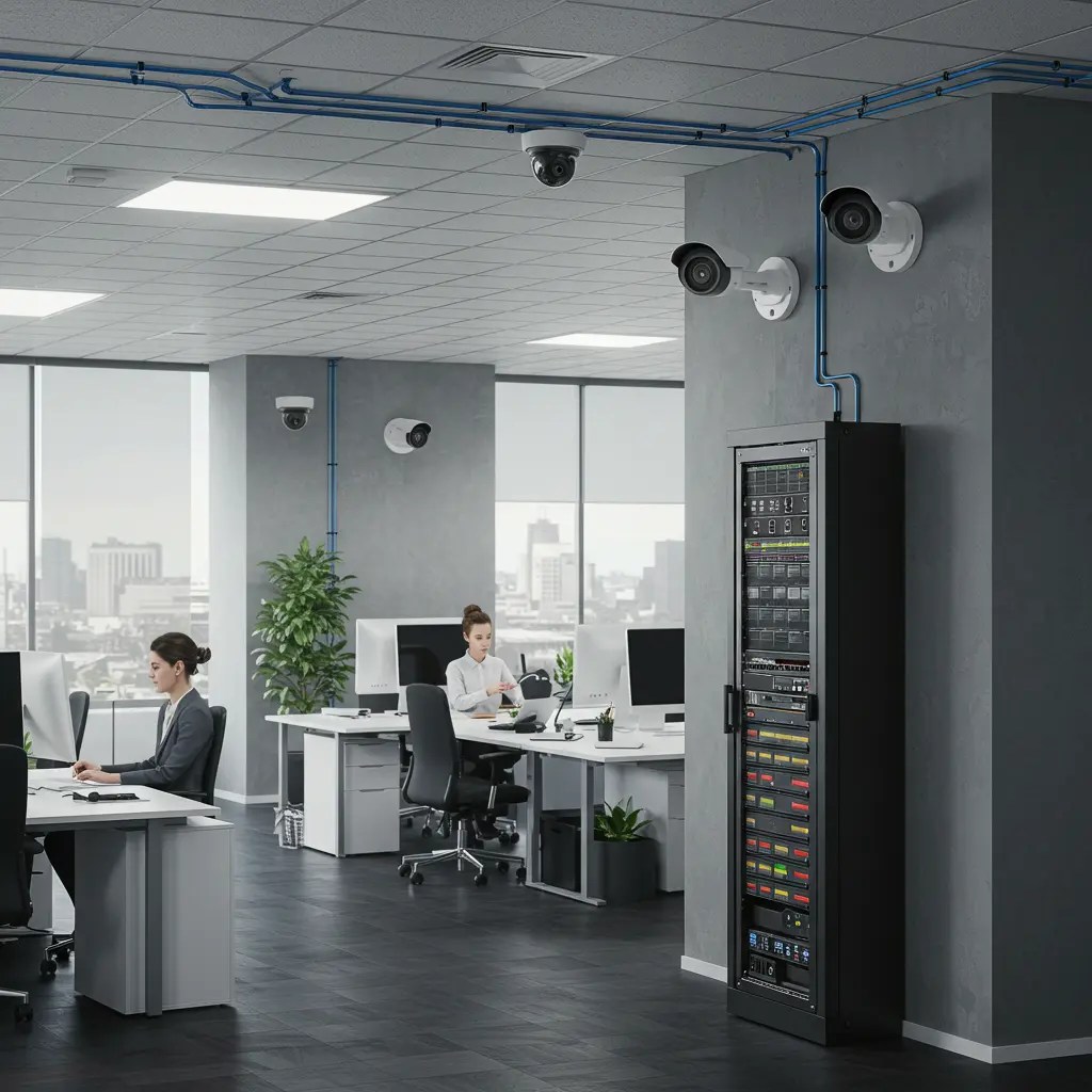 Office staff working and CCTV cameras monitoring the area