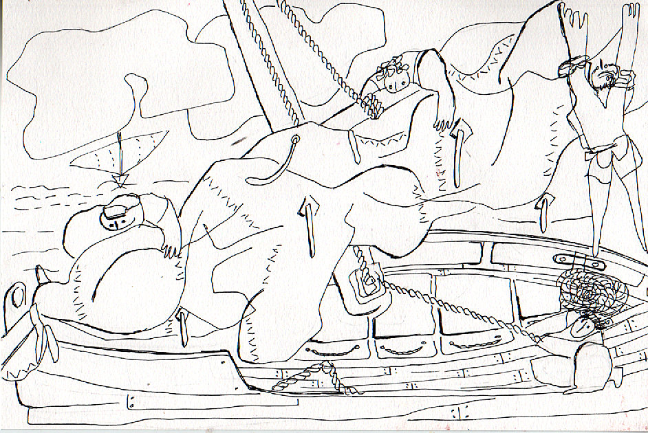 "A ferler la GV sur le Bir-Hakeim" Encre (25 / 32 cm)